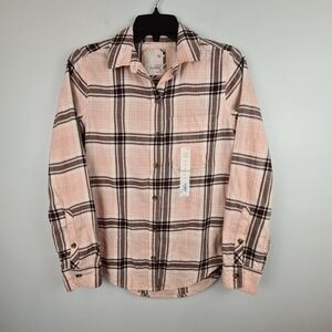 SO Cozy Flannel Shirt Womens XS Pink Brown Plaid Button Front Cotton Long Sleeve